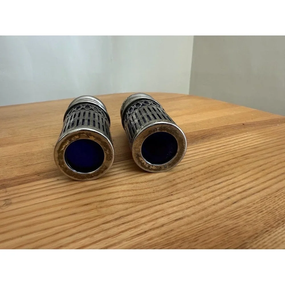 Vintage Cobalt Blue Salt & Pepper Shakers, Silver Plate Filigree Leonard,  Japan